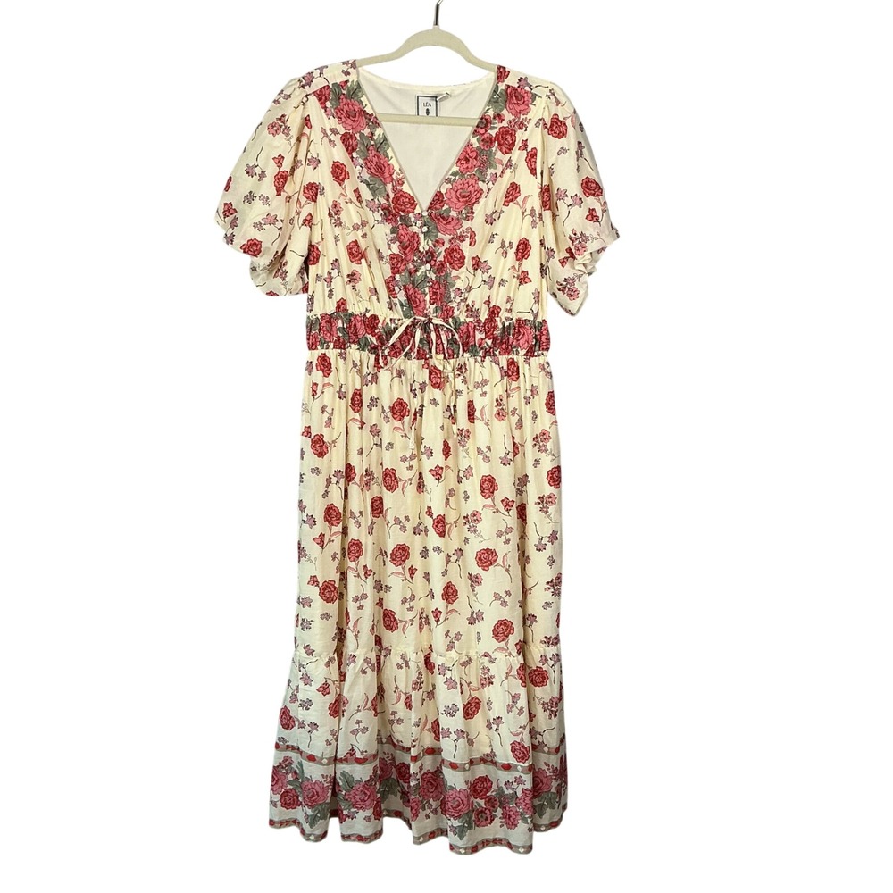 Anthropologie LEA Women 1X Cream Pink Floral Cotton Midi Dress Puff Sleeve